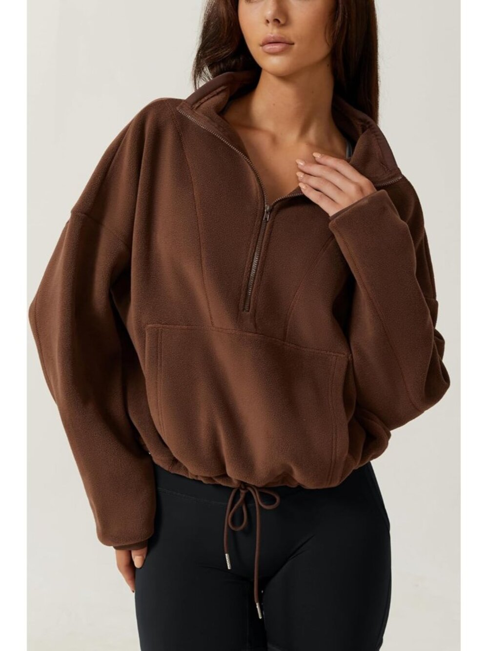 Women’s Chocolate Mock Neck Long Sleeve Half ZIP Fleece Pullover Sweatshirt - Picture 3 of 6